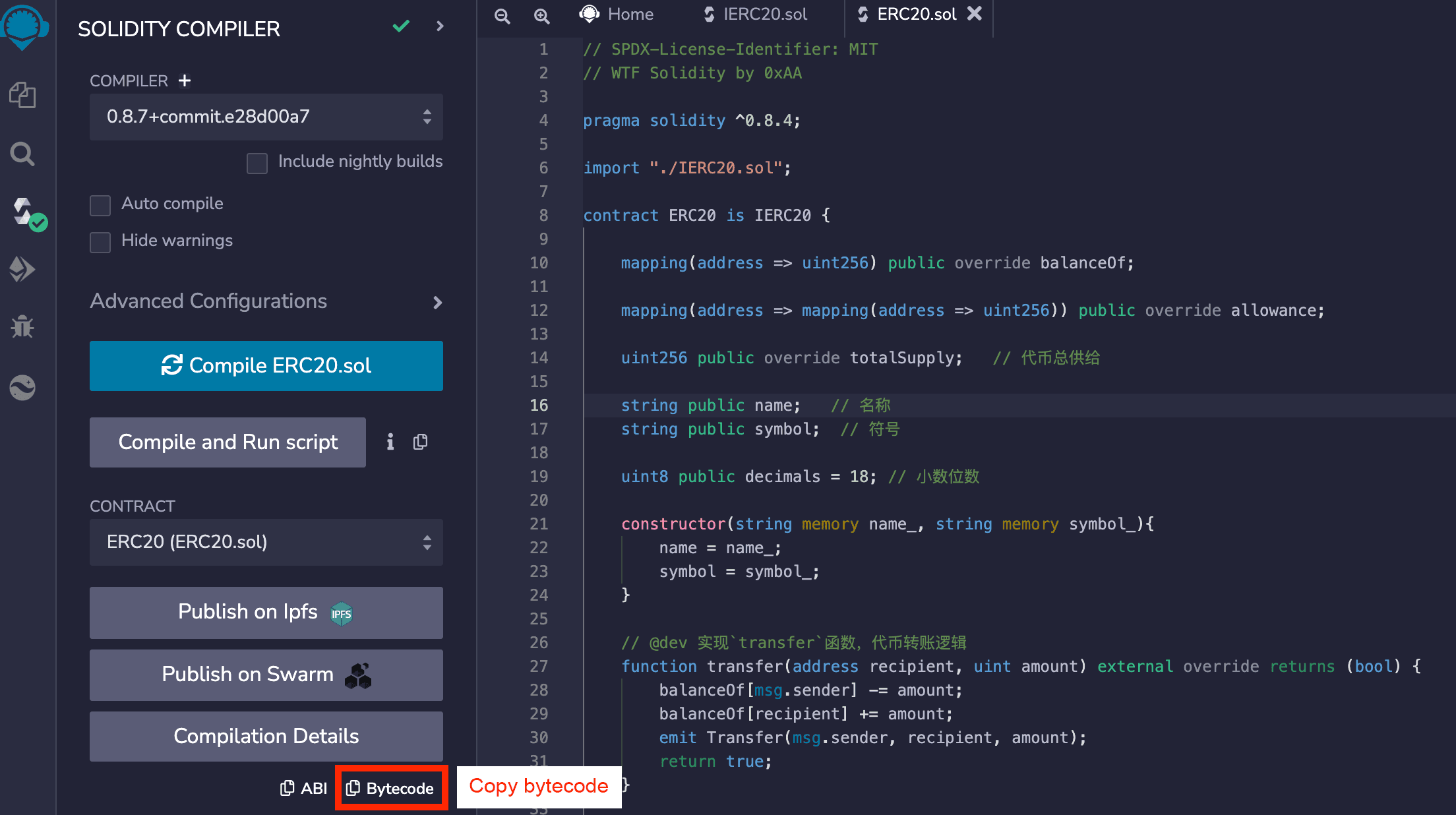 Obtaining bytecode in Remix